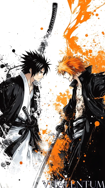 Rival swordsmen clash amid black and orange ink splashes