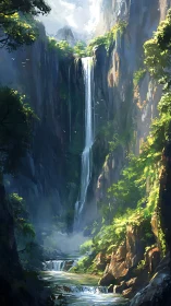 Vertical rainforest canyon waterfall rendered in luminous digital brushwork