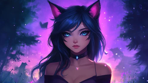 Mystic cat-eared girl under glowing violet forest sky.