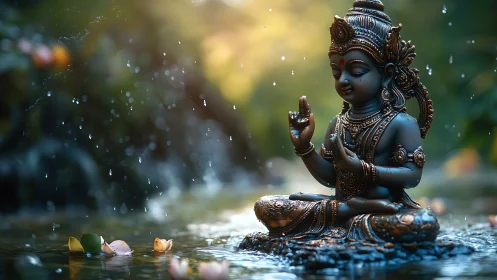 Gentle river meditation with ornate bronze deity statue.