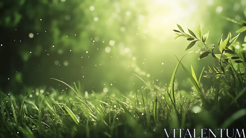 Sunlit Morning Grass with Dew in Dreamy Nature Style.