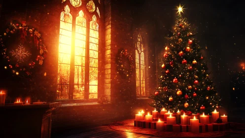 Christmas tree and candles in warm glowing interior.