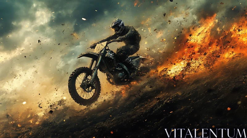 Firetrail dirt biker carving sparks through storm sky.