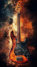 Flamed maple bass guitar emerges from fiery abstract nebula.