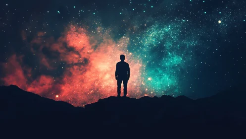 Silhouette of lone figure against vivid star-filled nebula.
