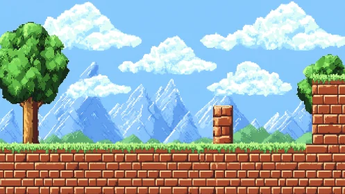 Pixel platformer landscape with brick terrain and peaks