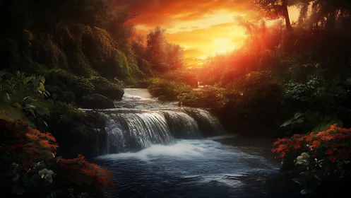Luminous forest waterfall under blazing sunset glow.