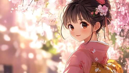 Blossom-bright kimono girl pausing under drifting petals.