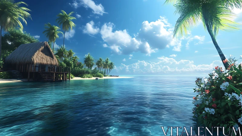 Tropical Island Lagoon with Thatched Bungalow Resort.
