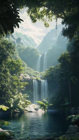 Lush jungle waterfall cascades into still reflective pool