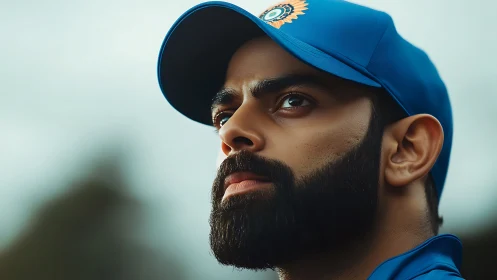 Focused cricketer gazes upward in a calm outdoor moment