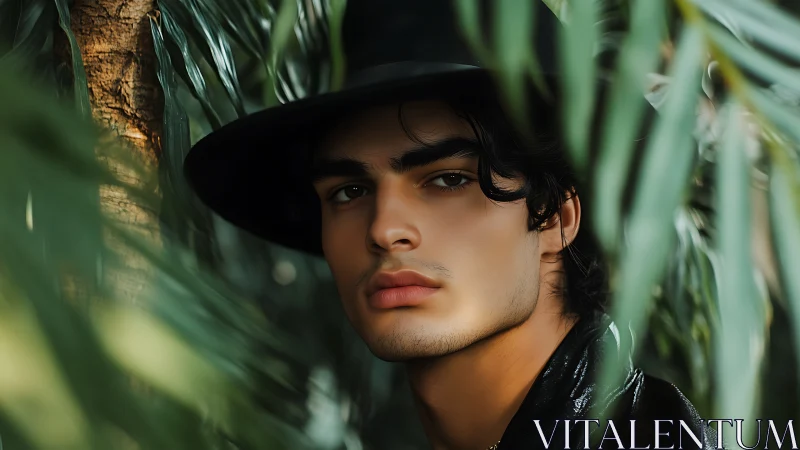 Man in black hat framed by dense green palm leaves.