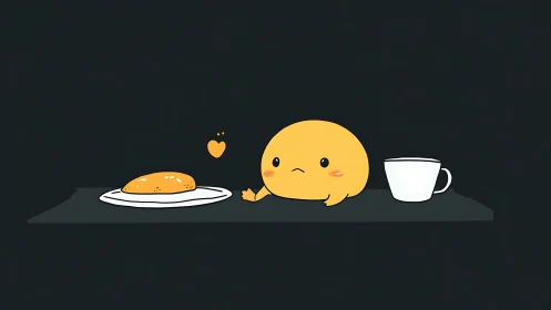 Cute yellow blob sits shyly by coffee and bread snack