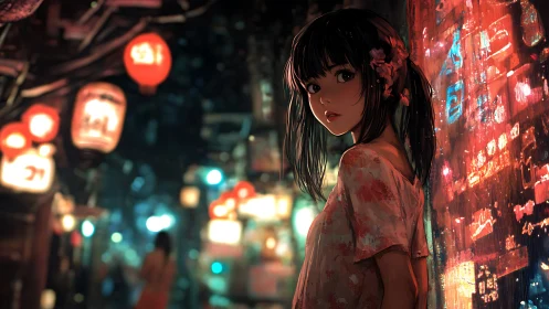 Young figure stands in neon alleyway with lanterns lit