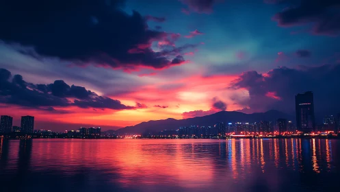 City lights rest gently beneath a glowing sunset sky