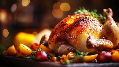 Roasted poultry with caramelized exterior displaying professional culinary rendering and warm ambien