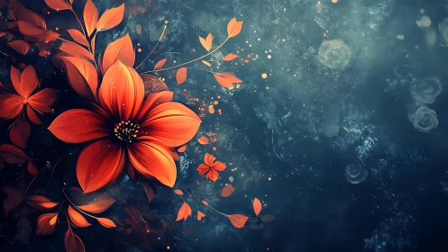 Glowing Red Flowers Dance Across Deep Teal Spaces.