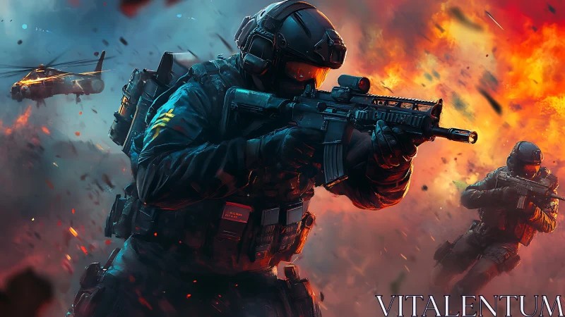 Tactical special forces assault amid urban fireball detonation