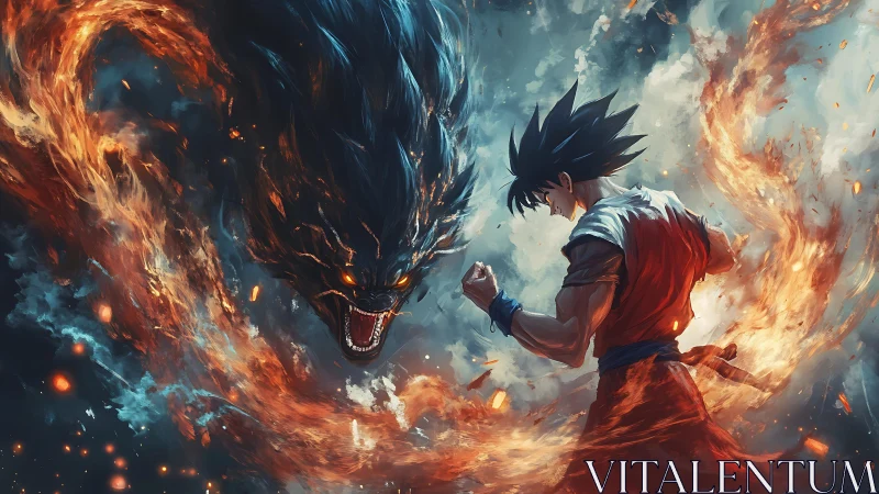 Fiery warrior confronts roaring shadow beast in swirling flames