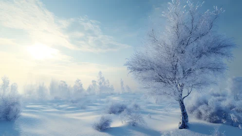 High-key winter landscape with frost-laden trees and diffuse sun