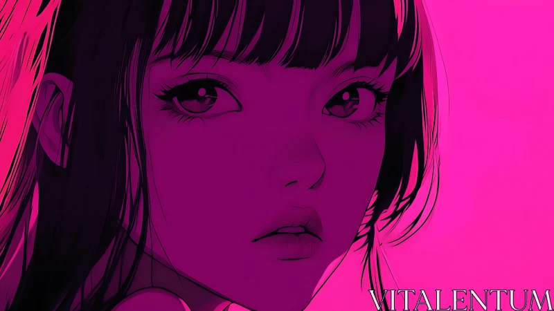 High-contrast neon anime portrait uses monochrome magenta shading