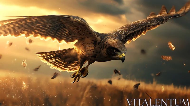 Majestic hawk in flight at sunset, dramatic realism digital art.
