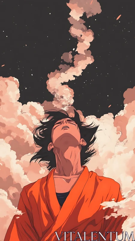 Person in orange robe looks upward amid dense rising clouds