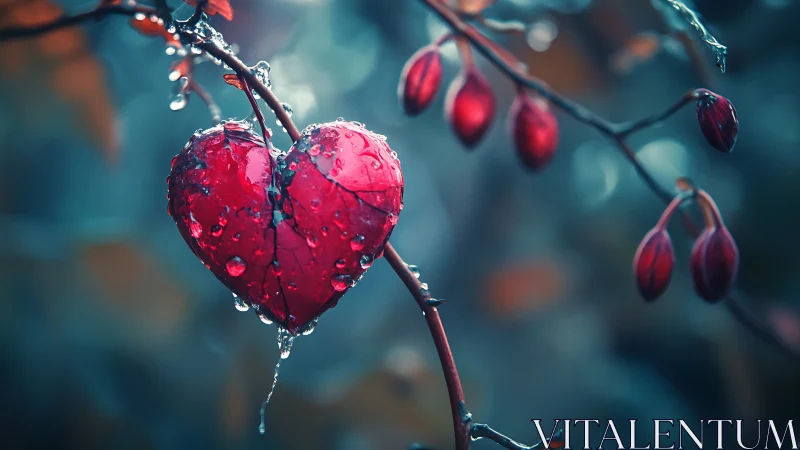 Red heart-shaped fruit with water droplets on dark branches.