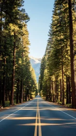 Linear forest highway receding toward distant alpine peak