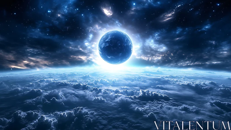 Midnight planet rising above storm-tossed celestial clouds.