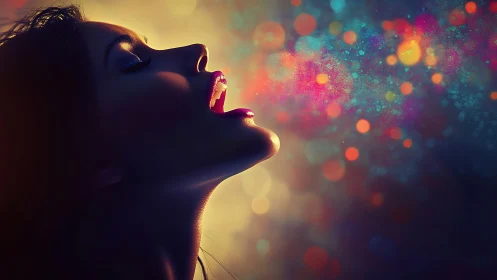 Silhouette profile breath releases prismatic bokeh mist