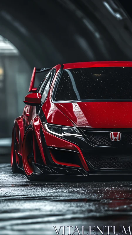 Sleek red Honda hatchback glowing on a rainy city street.