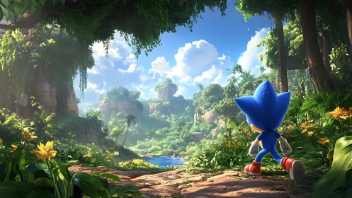 Sonic explores lush jungle valley with distant mountains