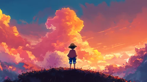 Solitary child under blazing sunset cloud horizon.