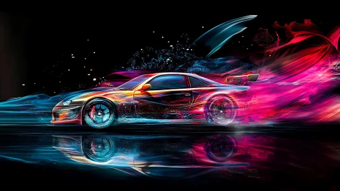 Sports car accelerates through neon light trails at speed