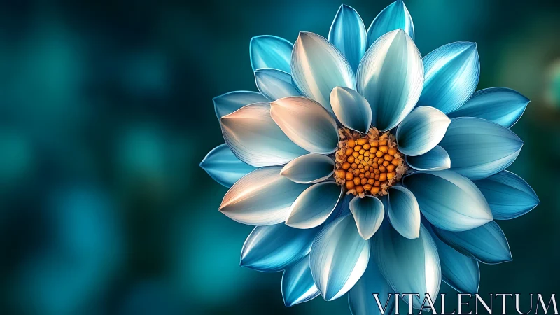 Layered petaled flower with teal blue gradation and orange center.