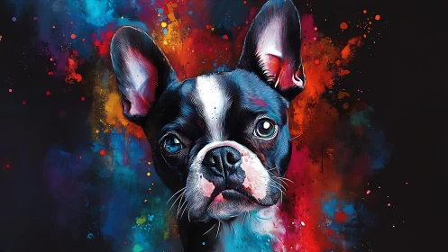 High-contrast Boston terrier portrait with neon splatter bokeh field
