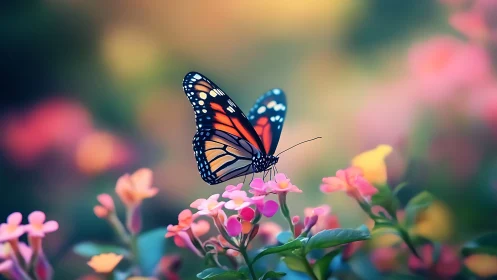 Gentle monarch butterfly resting in a dreamy flower garden.