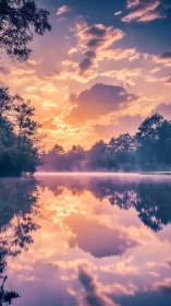 Sunrise clouds mirrored over calm forest lake surface.