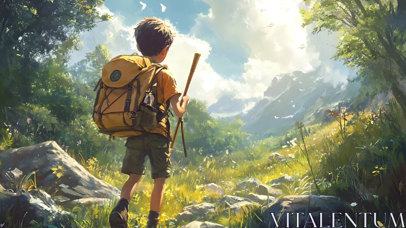 Young hiker with backpack entering sunlit alpine valley trail