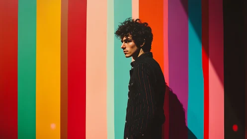 Side-lit portrait against vertically banded multicolor wall surface