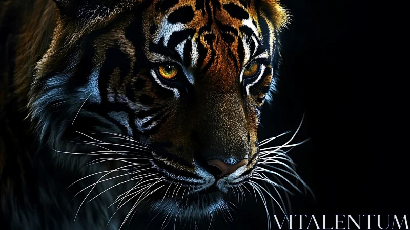 Predatory tiger portrait under dramatic low key lighting.