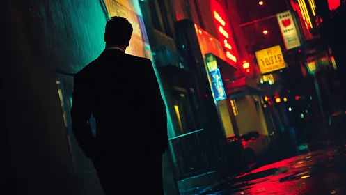 Silhouetted man walks through neon soaked rainy city alley