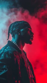 Side-profile portrait in red and blue smoke lighting.