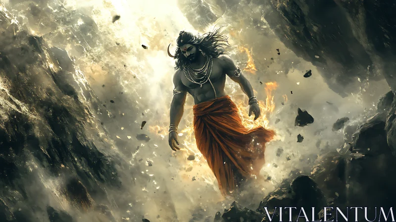 Mythic warrior descending through shattered volcanic chasm