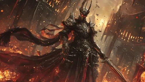 Armored dark warlord dominates infernal city with molten blade