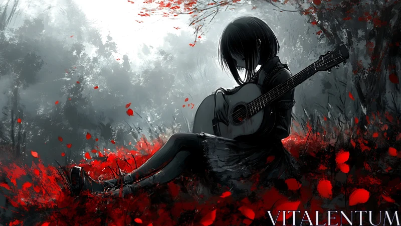 Girl with guitar sits in red leaf field under grey sky