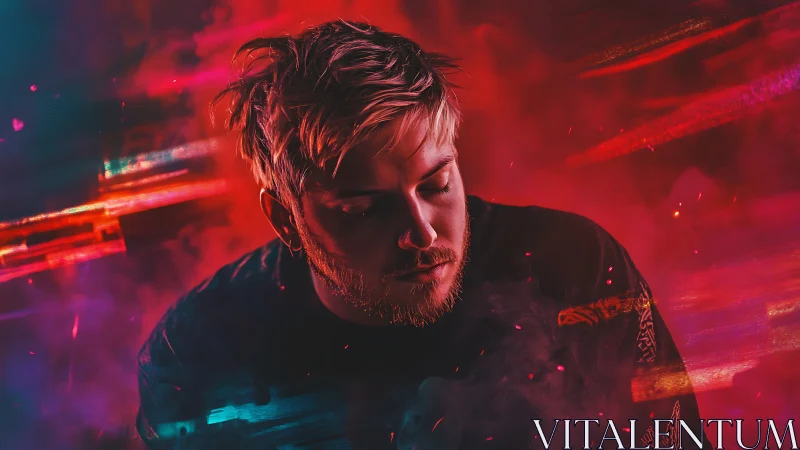 Cinematic portrait in neon magenta cyan light trails haze