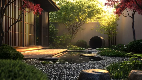 Zen garden courtyard glows under soft golden sunset light.