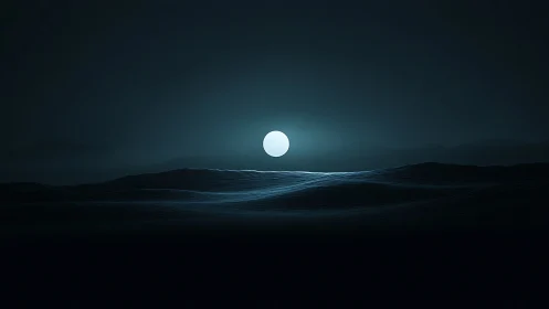 Luminous moon above minimalist wireframe ocean horizon at night